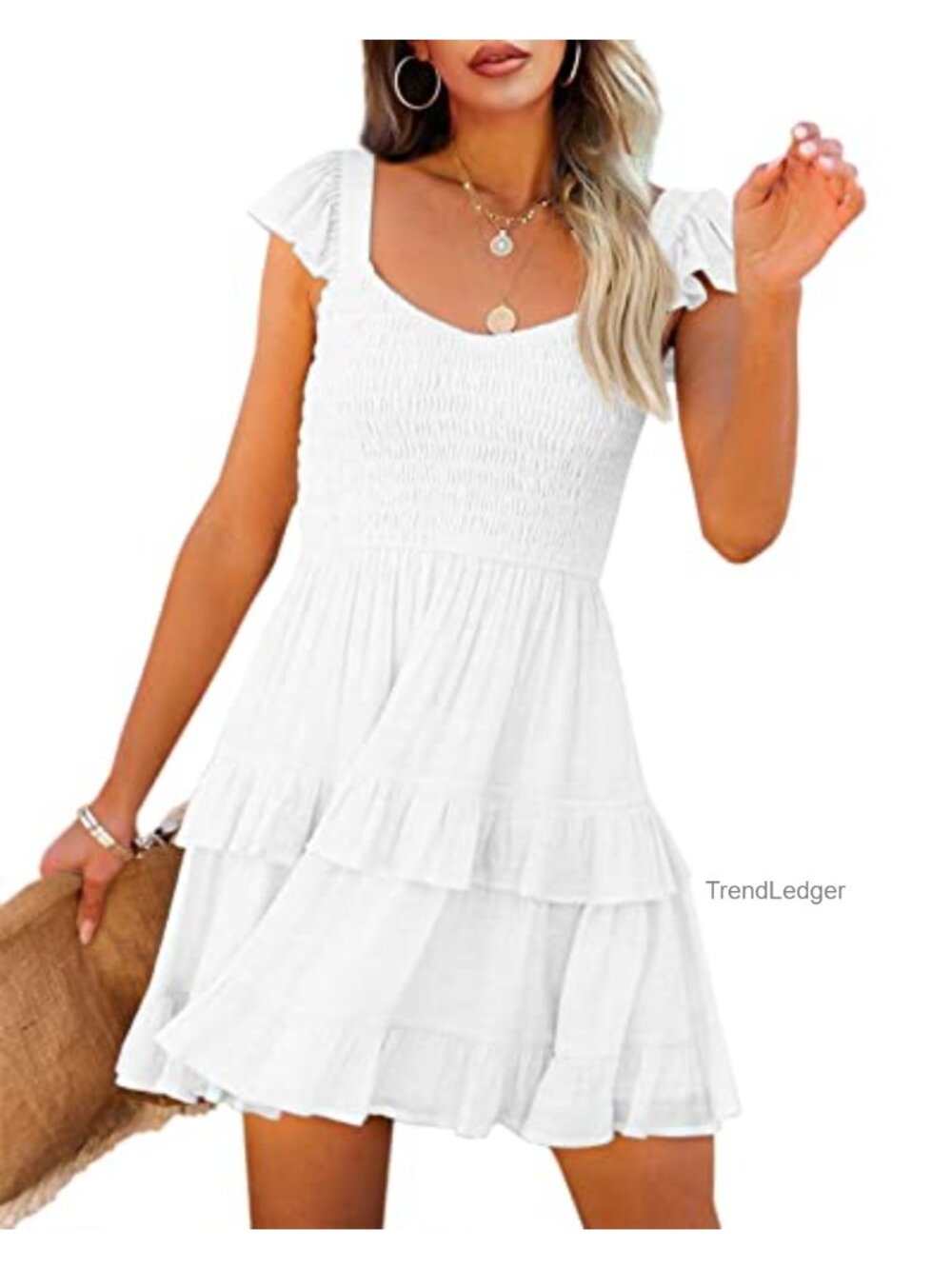 Ruffle Mini Dress with Smocked Elastic Empire Waist A-Line Flowy Swing Dress